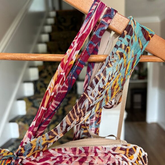 BCBGMaxAzria Inga One-Shoulder Halter Silk Maxi Dress in Begonia Multi Size 8 - Picture 7 of 16